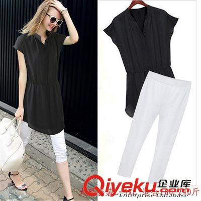 2015新款大碼女裝V領(lǐng)短袖雪紡上衣7分褲休閑套裝，廠家直批為胖MM打造夏日舒適時(shí)尚